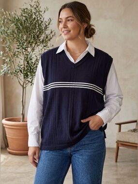 Vintage Xtreme Gear Striped Polo Vest Navy Blue Knit Preppy Collegiate XL